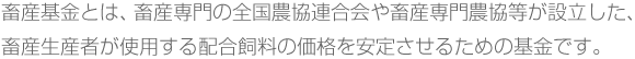 畜産基金とは、畜産専門の全国農協連合会や畜産専門農協等が設立した、畜産生産者が使用する配合飼料の価格を安定させるための基金です。